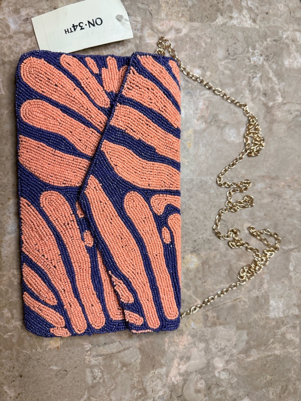 Beaded Coral & Navy Envelope Clutch with Gold Chain